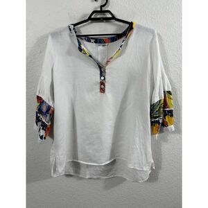 John Mark Shirt Womens 2X White Linen Henley 3/4 Sleeve Tropical Print Trim